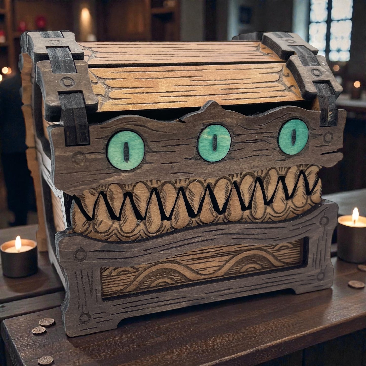 Laser Engraved Mimic Box – Handcrafted Fantasy Decor, Basswood Keepsake Chest, DnD Dice Box or Trinket Storage