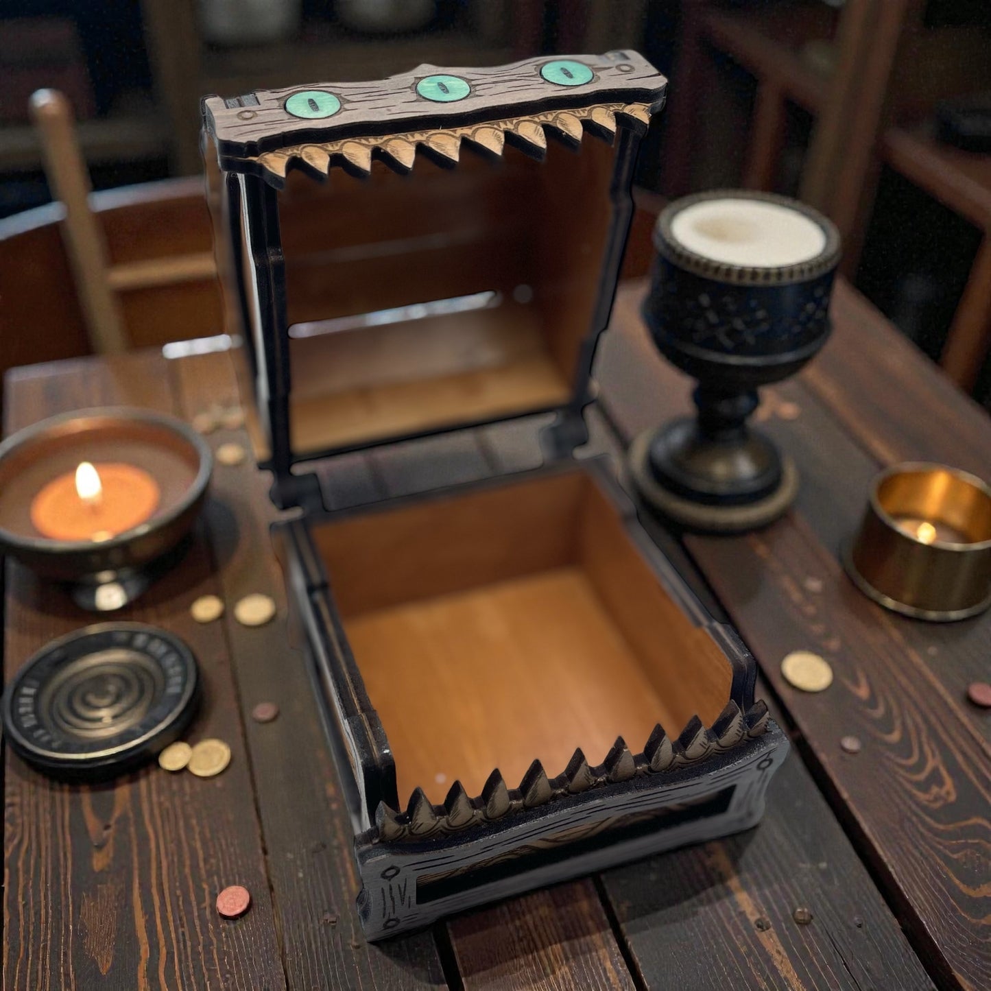 Laser Engraved Mimic Box – Handcrafted Fantasy Decor, Basswood Keepsake Chest, DnD Dice Box or Trinket Storage