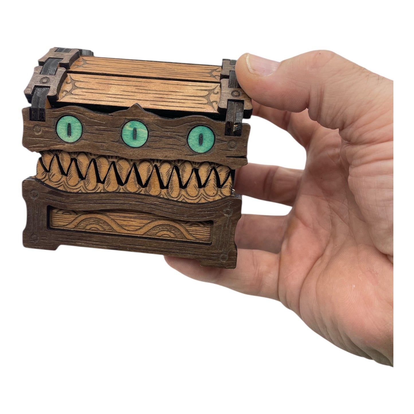 Laser Engraved Mimic Box – Handcrafted Fantasy Decor, Basswood Keepsake Chest, DnD Dice Box or Trinket Storage