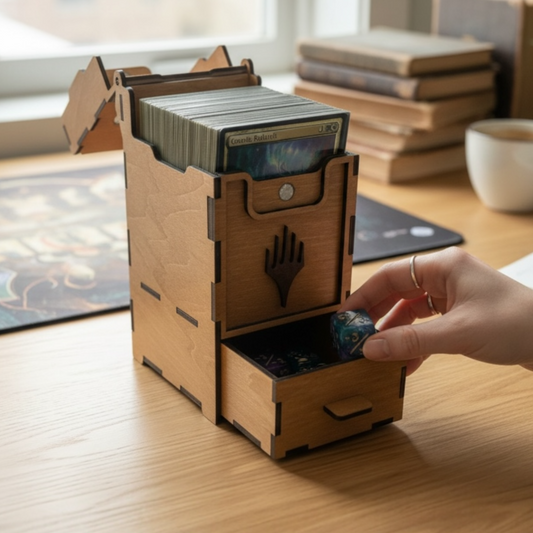 Laser Cut MTG Card & Dice Holder – Wooden Storage Box for Magic the Gathering, Holds 100+ Cards & Dice