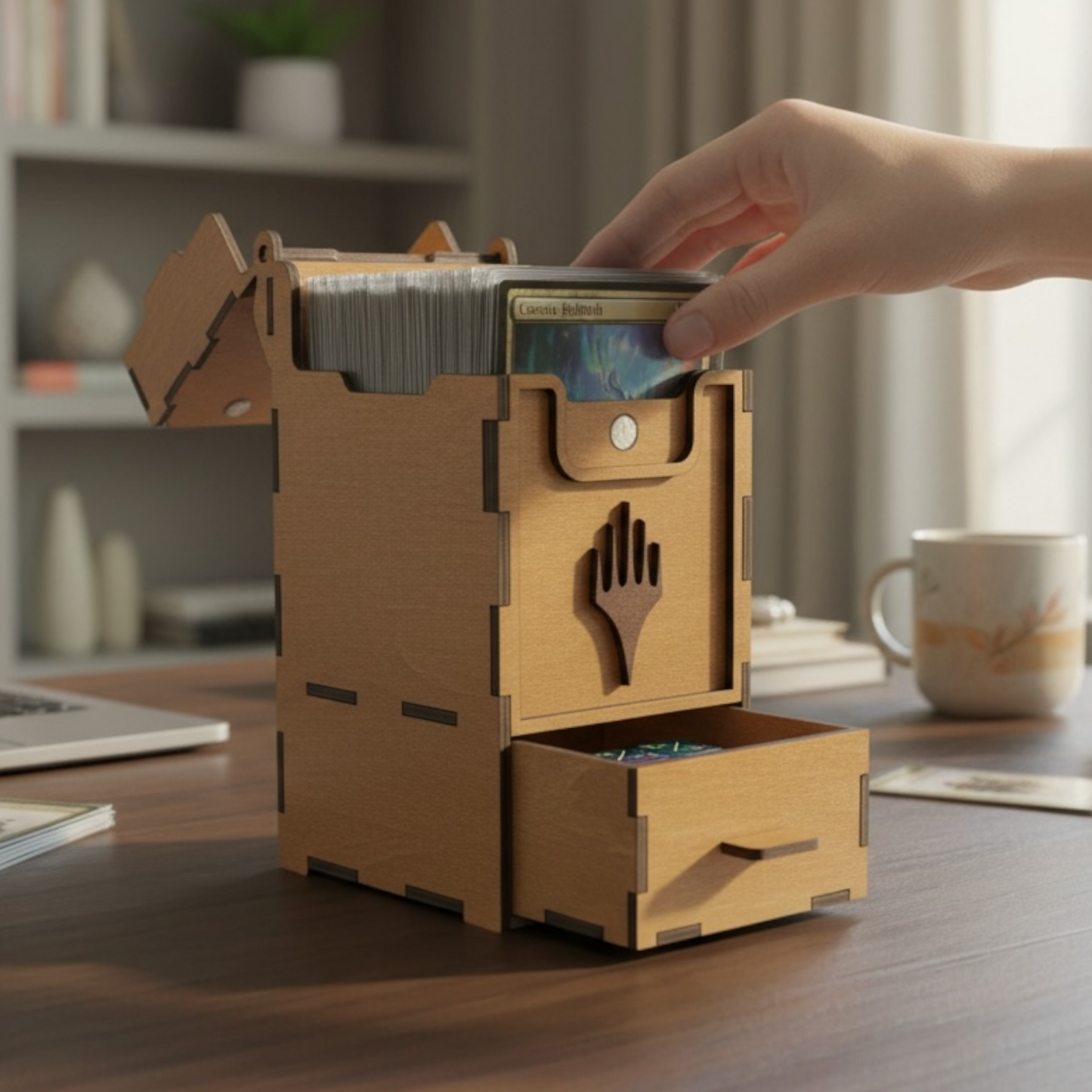 Laser Cut MTG Card & Dice Holder – Wooden Storage Box for Magic the Gathering, Holds 100+ Cards & Dice