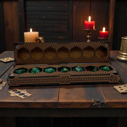 Laser Engraved D&D Dice Holder | Magnetic Wooden Dice Box | RPG Dice Case for Tabletop Gamers