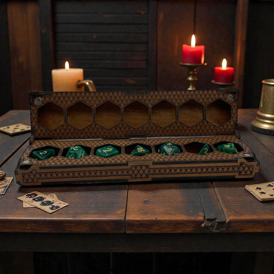 Laser Engraved D&D Dice Holder | Magnetic Wooden Dice Box | RPG Dice Case for Tabletop Gamers