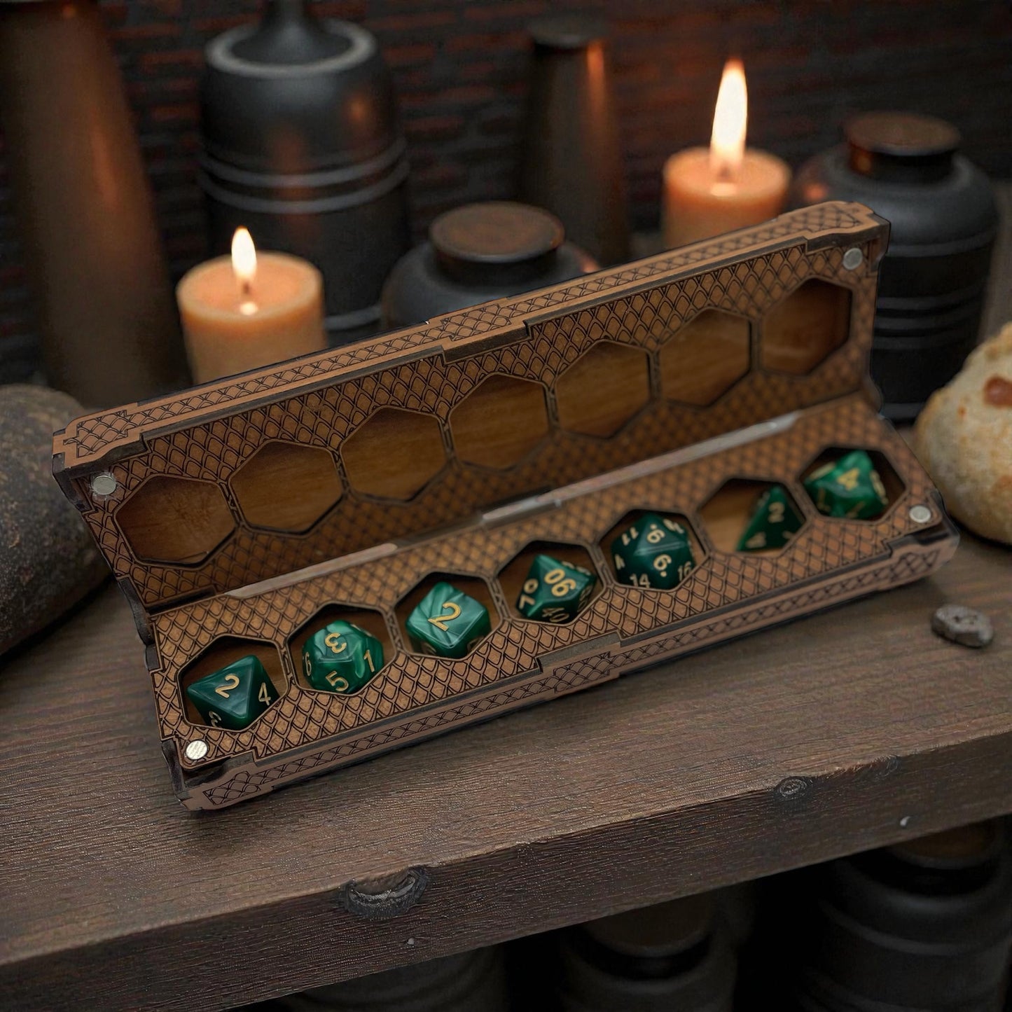 Laser Engraved D&D Dice Holder | Magnetic Wooden Dice Box | RPG Dice Case for Tabletop Gamers