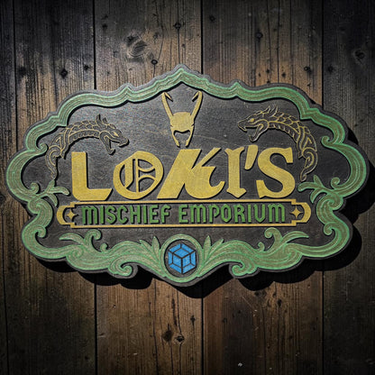 Loki's Mischief Emporium Wooden Wall Sign