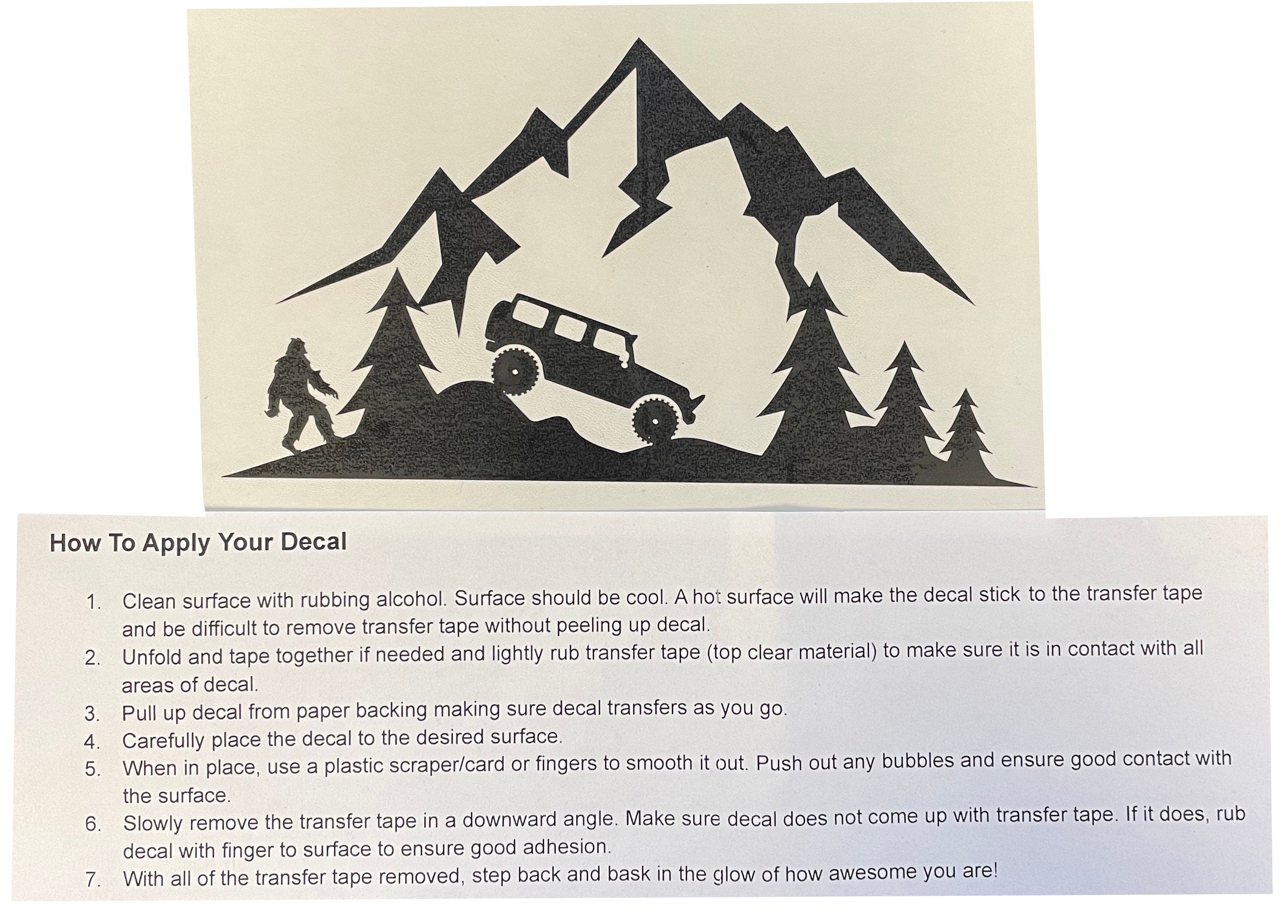 Jeep in Mountains with Bigfoot in the Woods Windshield Decal